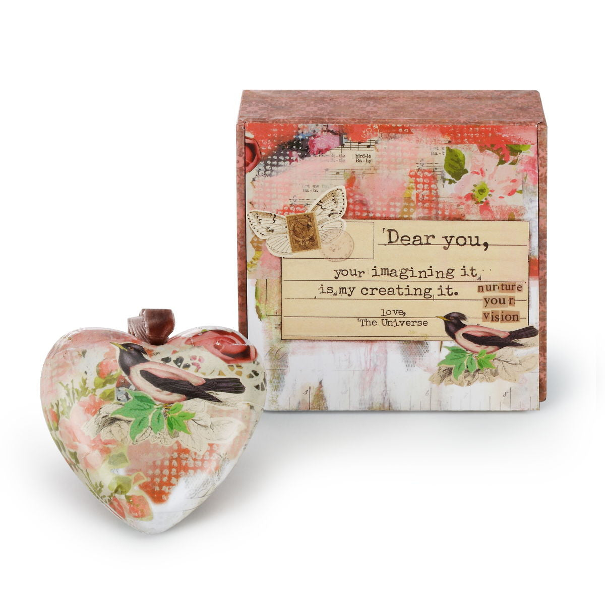 Pink bird print box with heart-shaped decorations